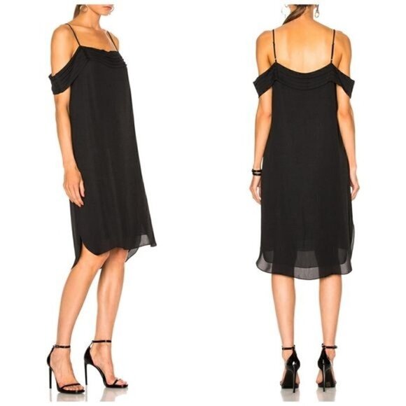 T BY ALEXANDER WANG Dress,Black Silk Pleated Off The Shoulder Midi Dress, Size 4 - Picture 1 of 13